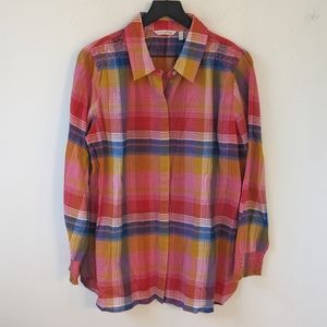 Soft Surroundings Sansonne Shirt Multi Plaid Gauzy Cotton Smocked Embroidered